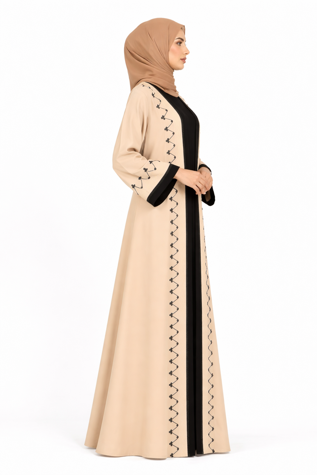 Cloud Cream Two-Tone Embroidered Trim Open Abaya