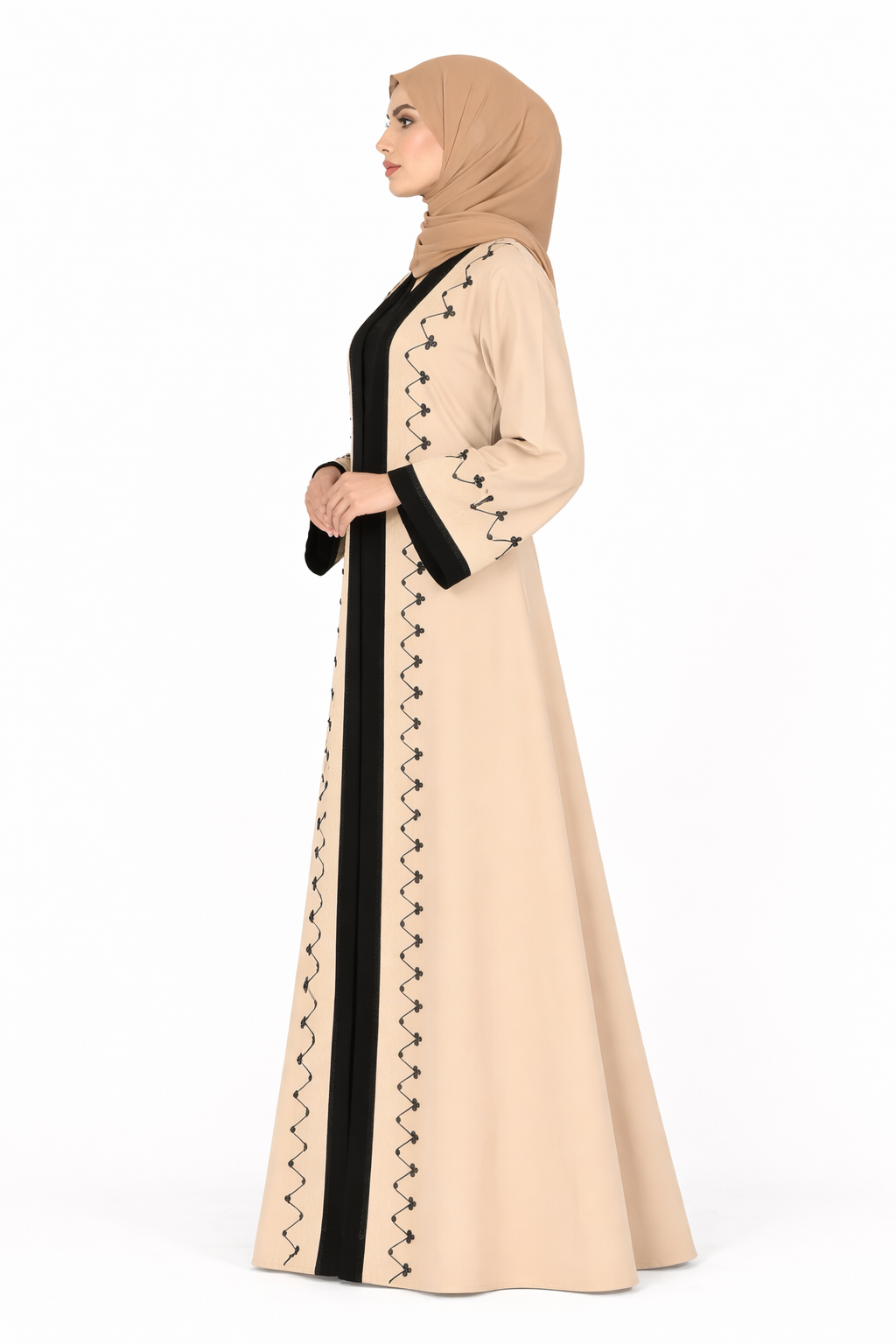 Cloud Cream Two-Tone Embroidered Trim Open Abaya