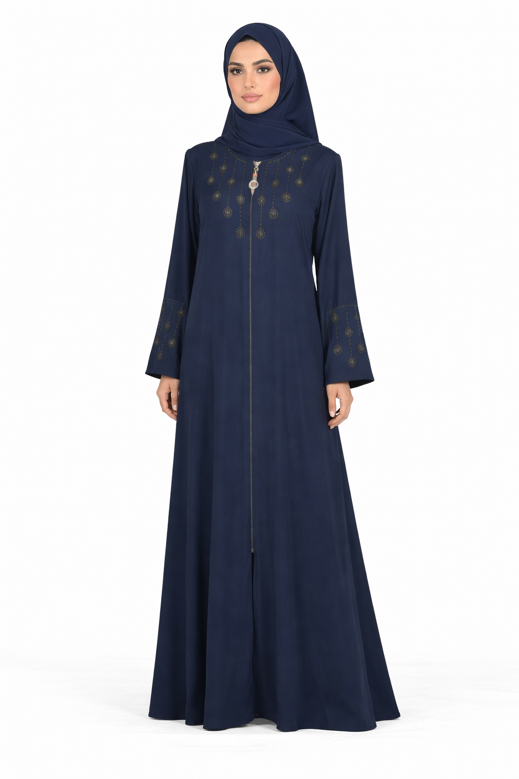 Maritime Blue Full-Length Abaya with Intricate Gold Embroidery