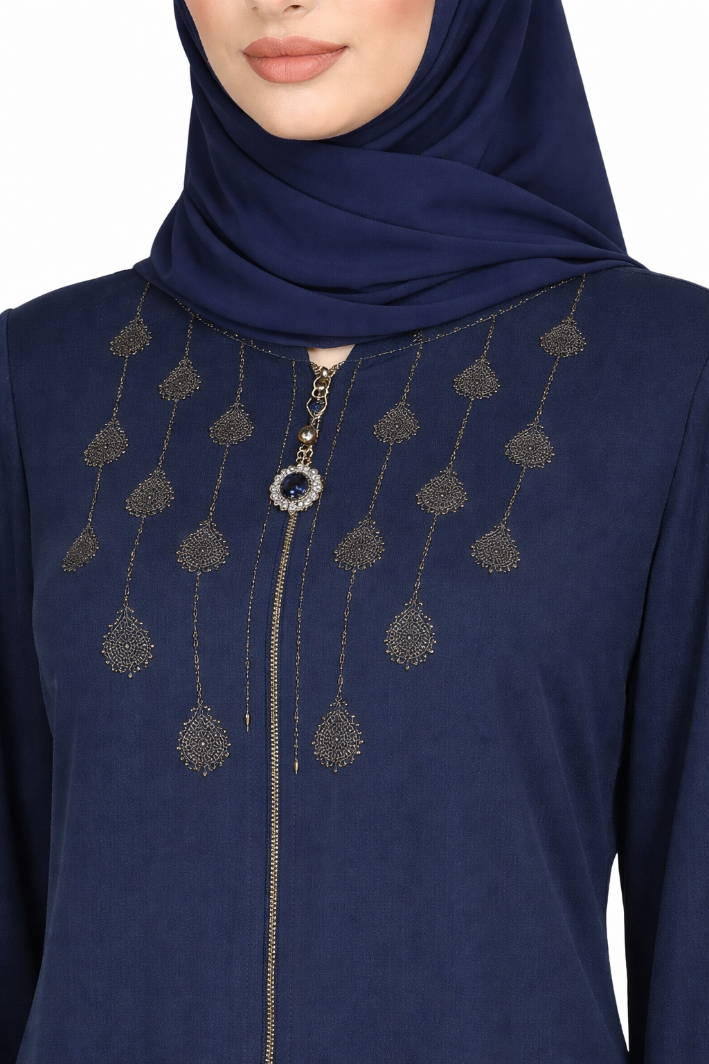 Maritime Blue Full-Length Abaya with Intricate Gold Embroidery
