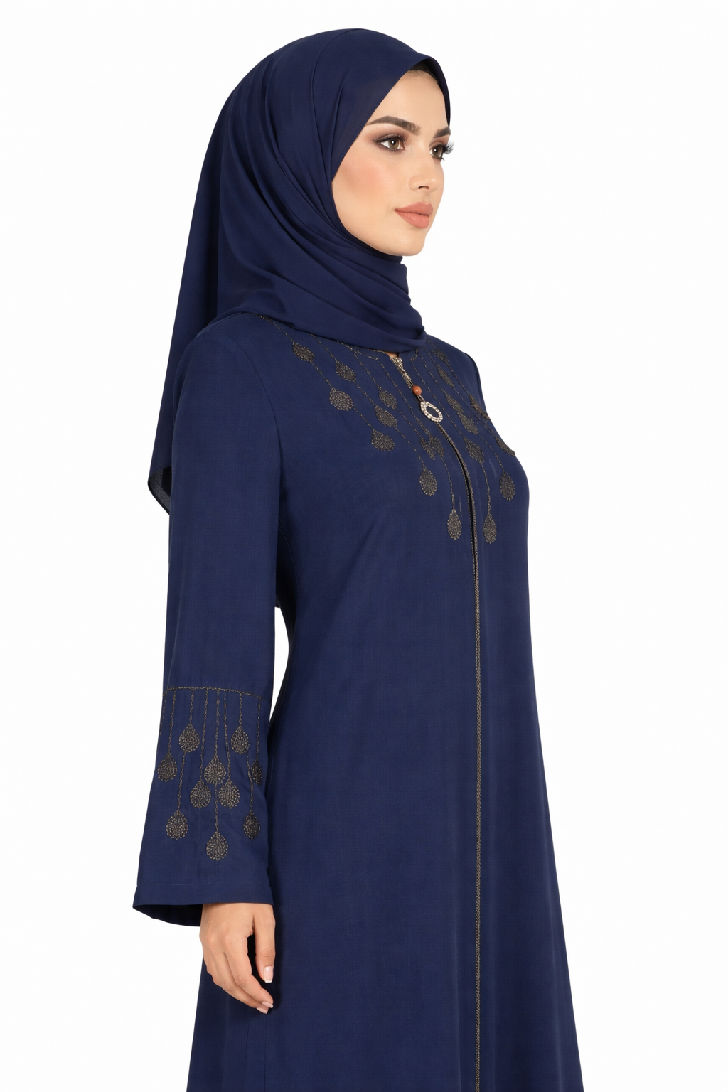 Maritime Blue Full-Length Abaya with Intricate Gold Embroidery