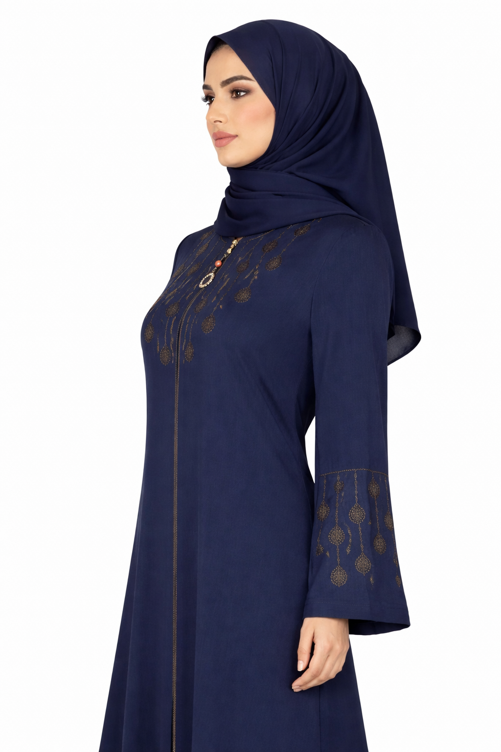 Maritime Blue Full-Length Abaya with Intricate Gold Embroidery