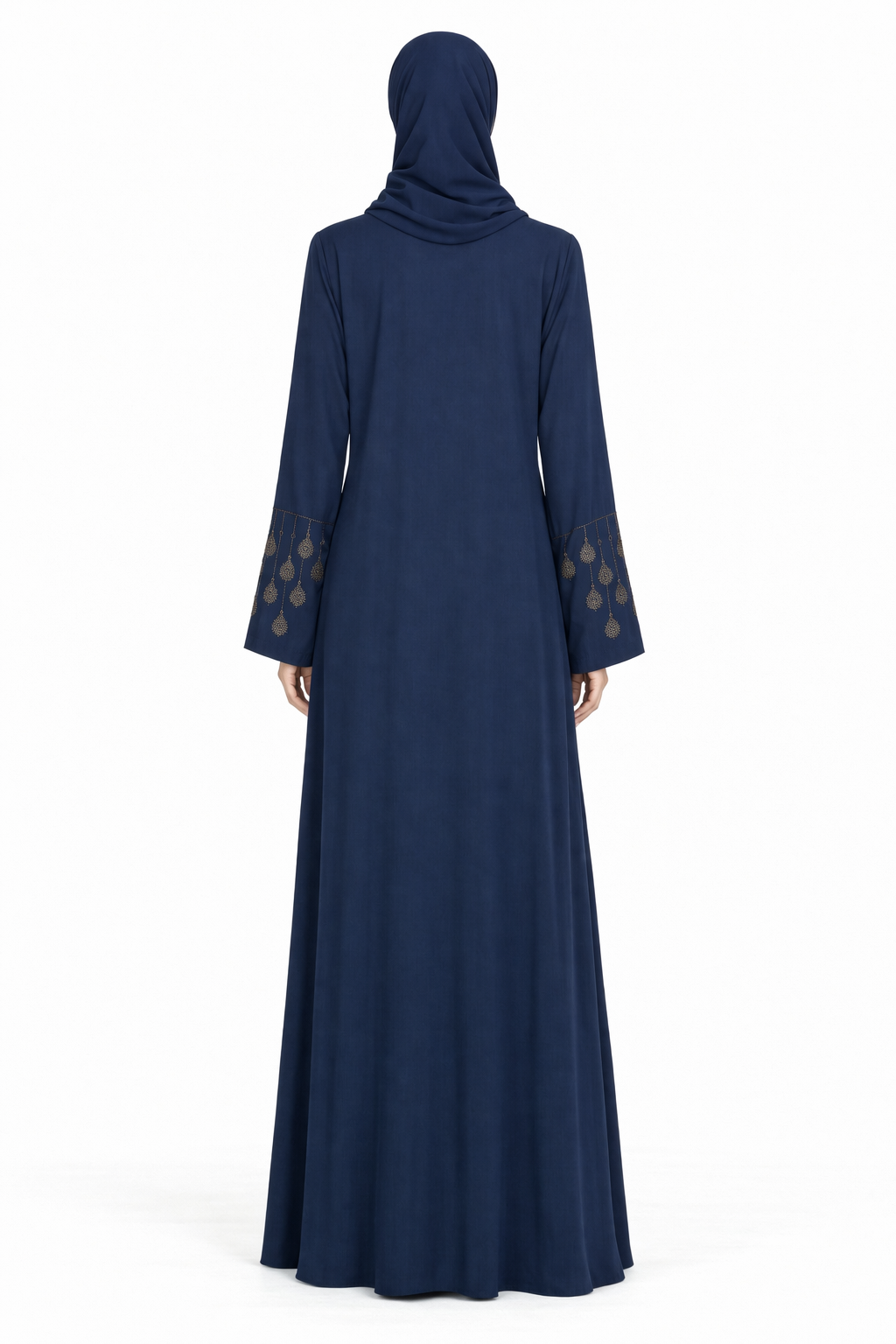 Maritime Blue Full-Length Abaya with Intricate Gold Embroidery