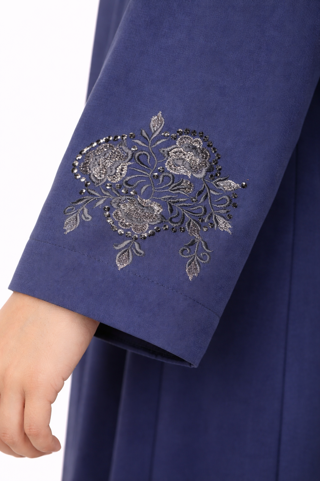Maritime Blue Embellished Front-Zip Abaya with Floral Detailing