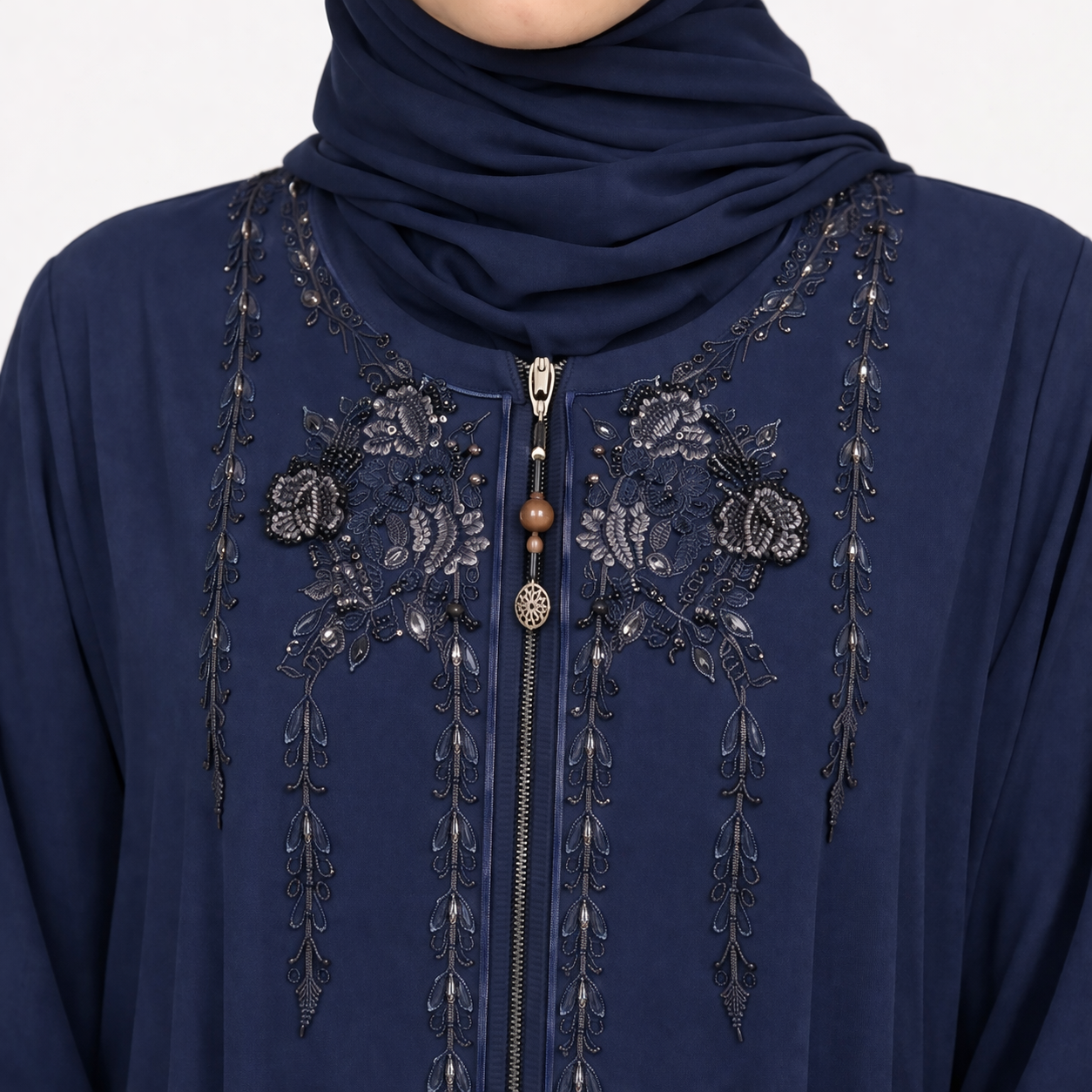 Maritime Blue Embellished Front-Zip Abaya with Floral Detailing