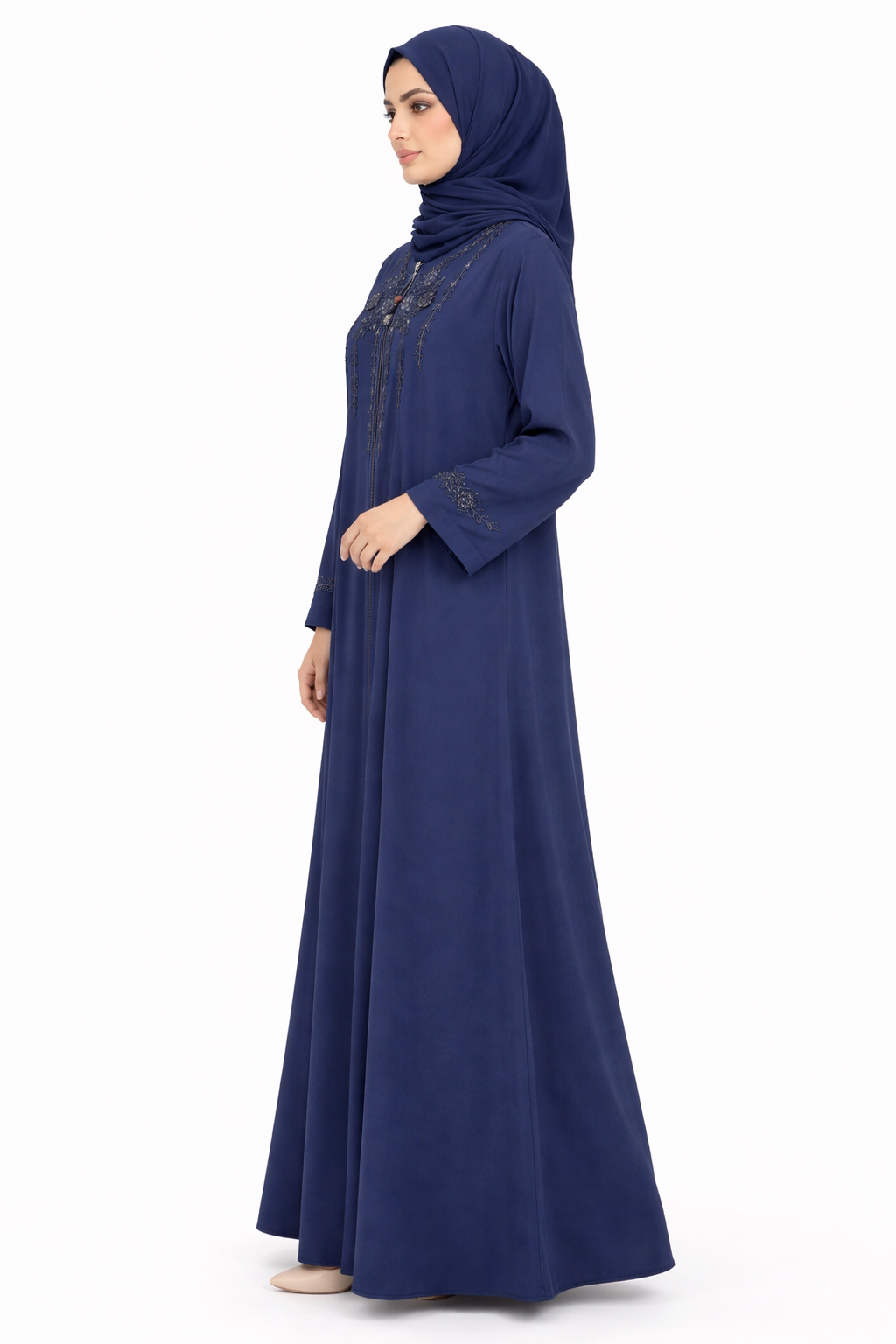 Maritime Blue Embellished Front-Zip Abaya with Floral Detailing