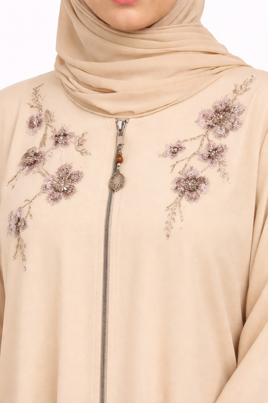 Lark Front-Zip Abaya with Delicate Floral Beaded Details