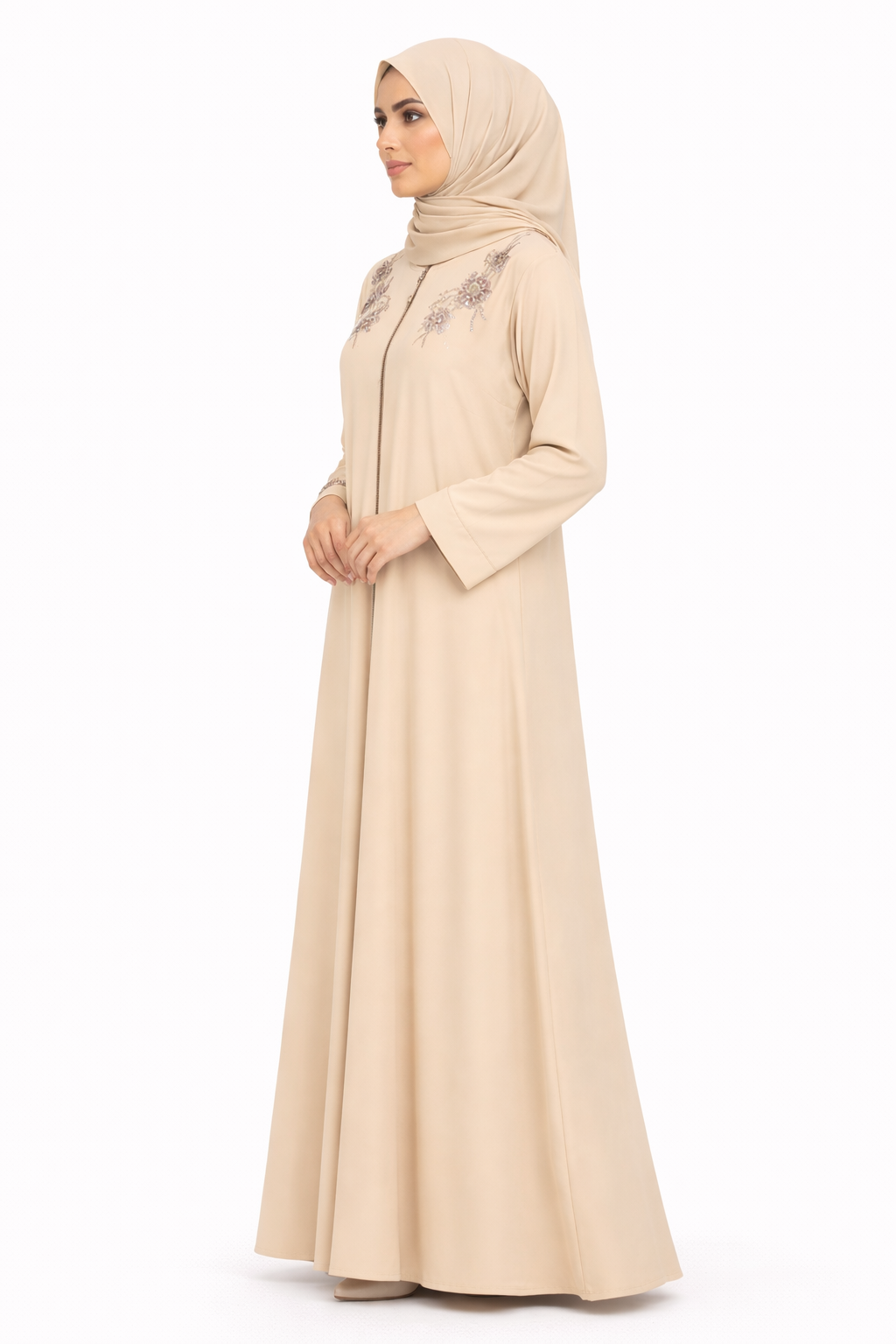 Lark Front-Zip Abaya with Delicate Floral Beaded Details