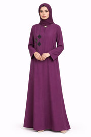 Plum Purple Elegant Hidden-Zip Abaya with Geometric Beaded Detailing