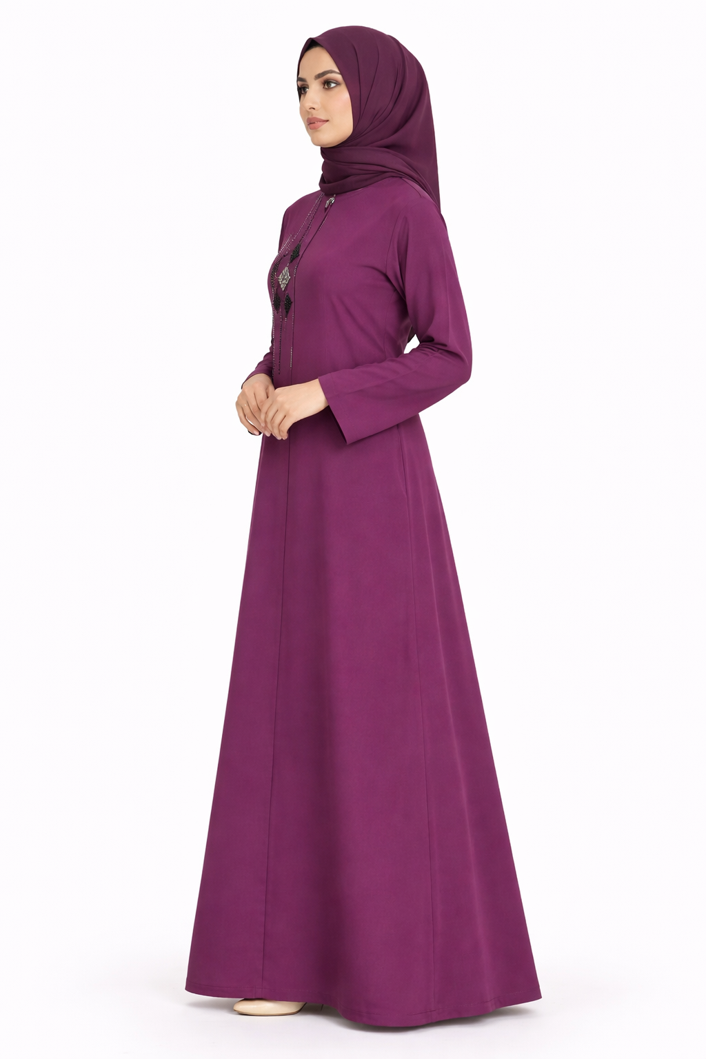 Plum Purple Elegant Hidden-Zip Abaya with Geometric Beaded Detailing