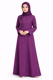 Grape Royale Hidden-Zip Abaya with Elegant Embroidered Leaf Bead Detailing