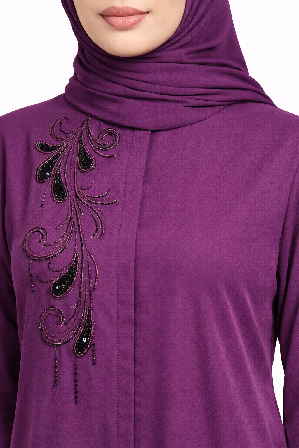 Grape Royale Hidden-Zip Abaya with Elegant Embroidered Leaf Bead Detailing