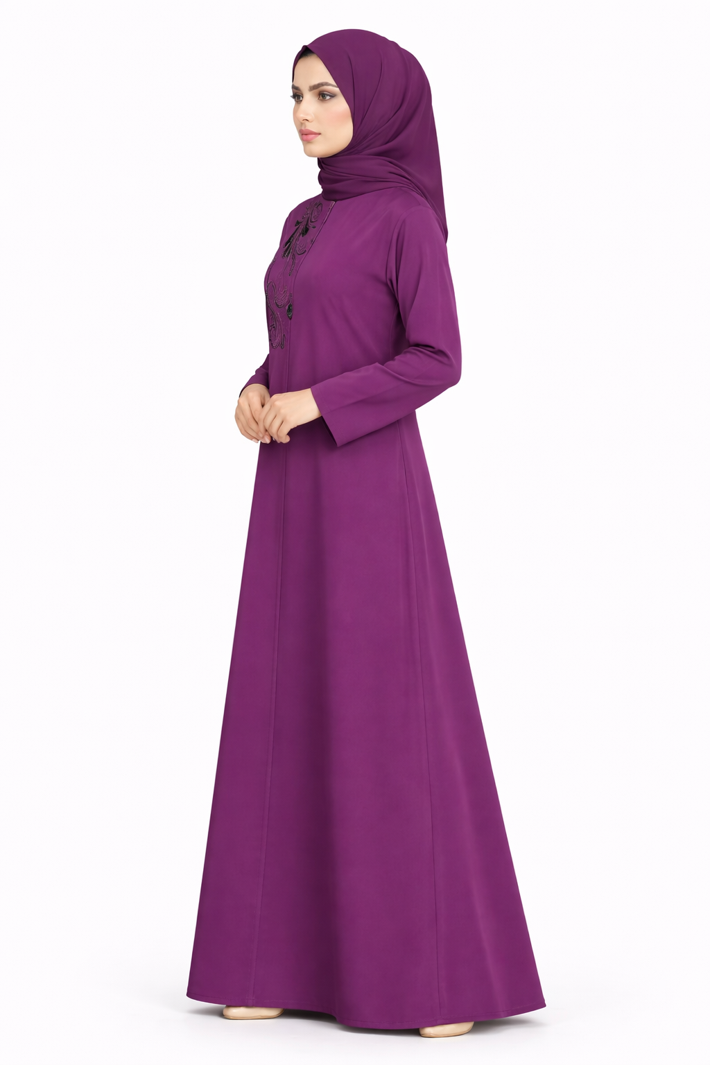 Grape Royale Hidden-Zip Abaya with Elegant Embroidered Leaf Bead Detailing
