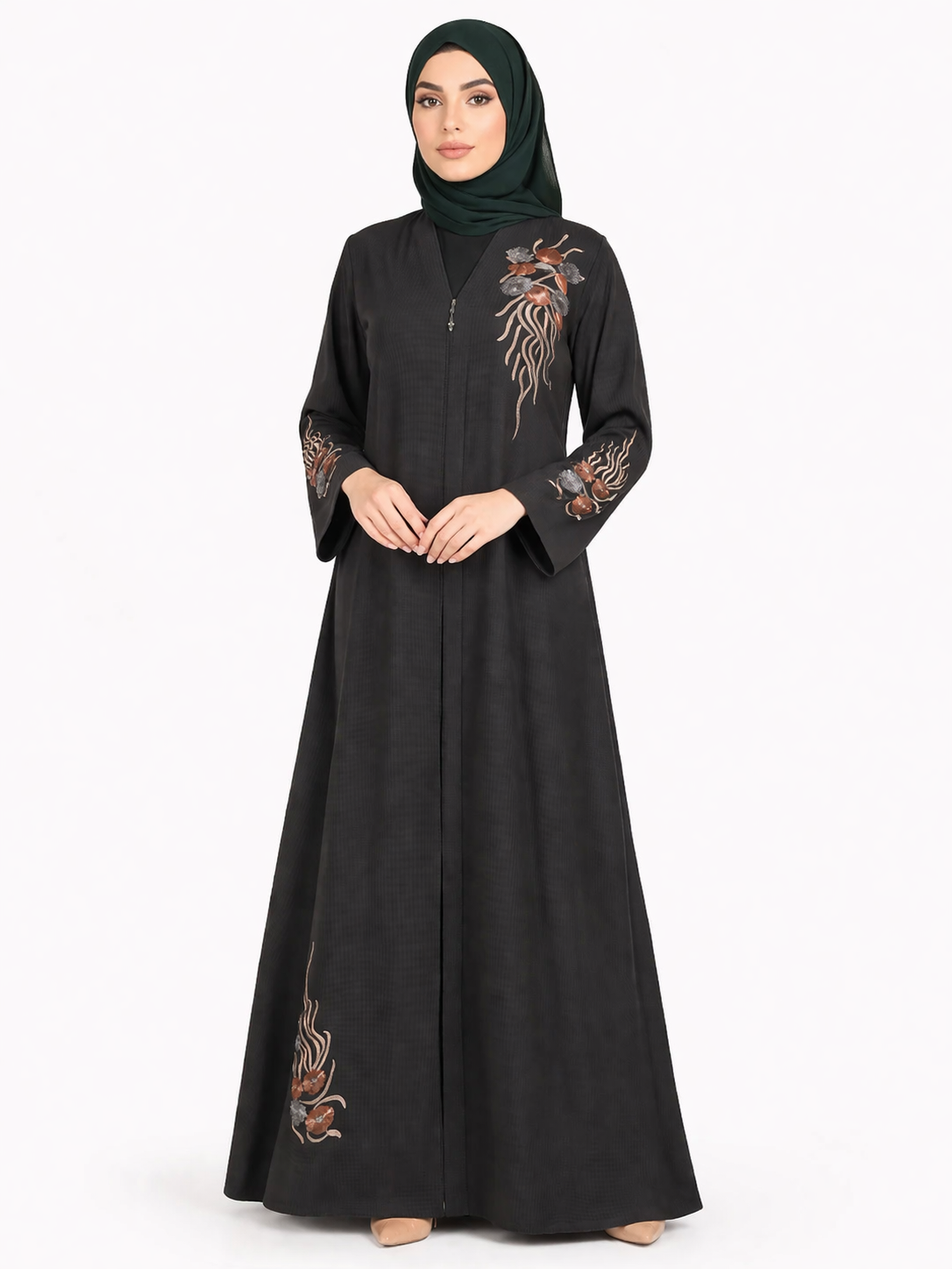 Tap Shoe Front-Zip Abaya with Floral Vine Embroidered Detailing