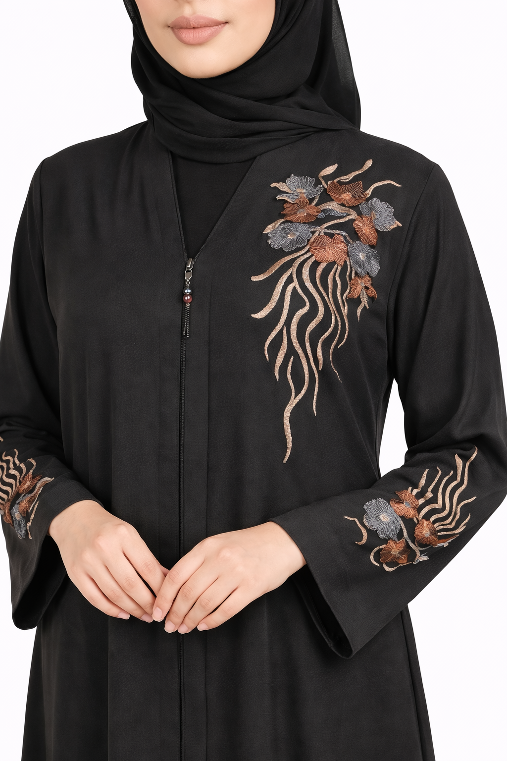 Tap Shoe Front-Zip Abaya with Floral Vine Embroidered Detailing