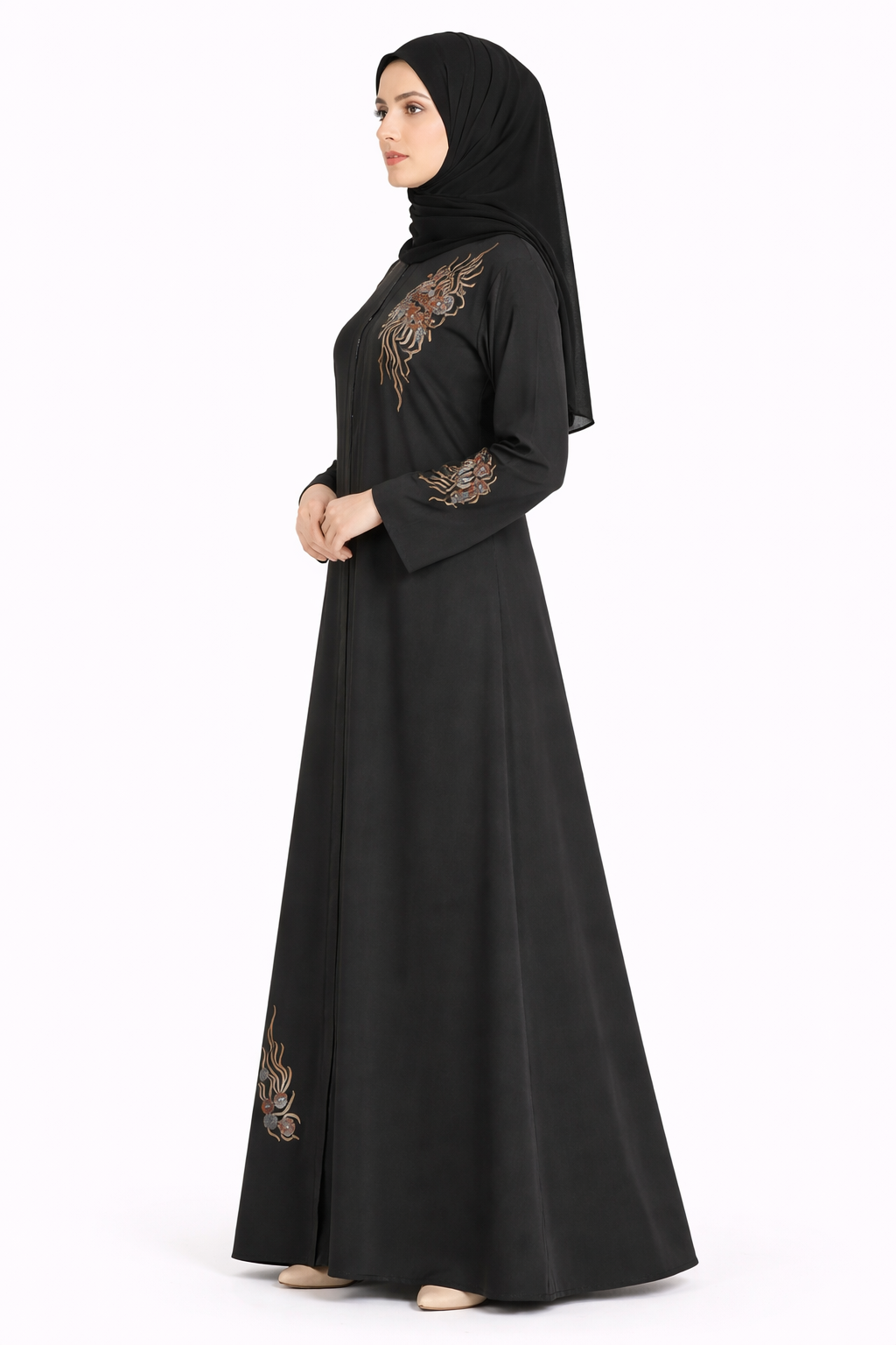 Tap Shoe Front-Zip Abaya with Floral Vine Embroidered Detailing