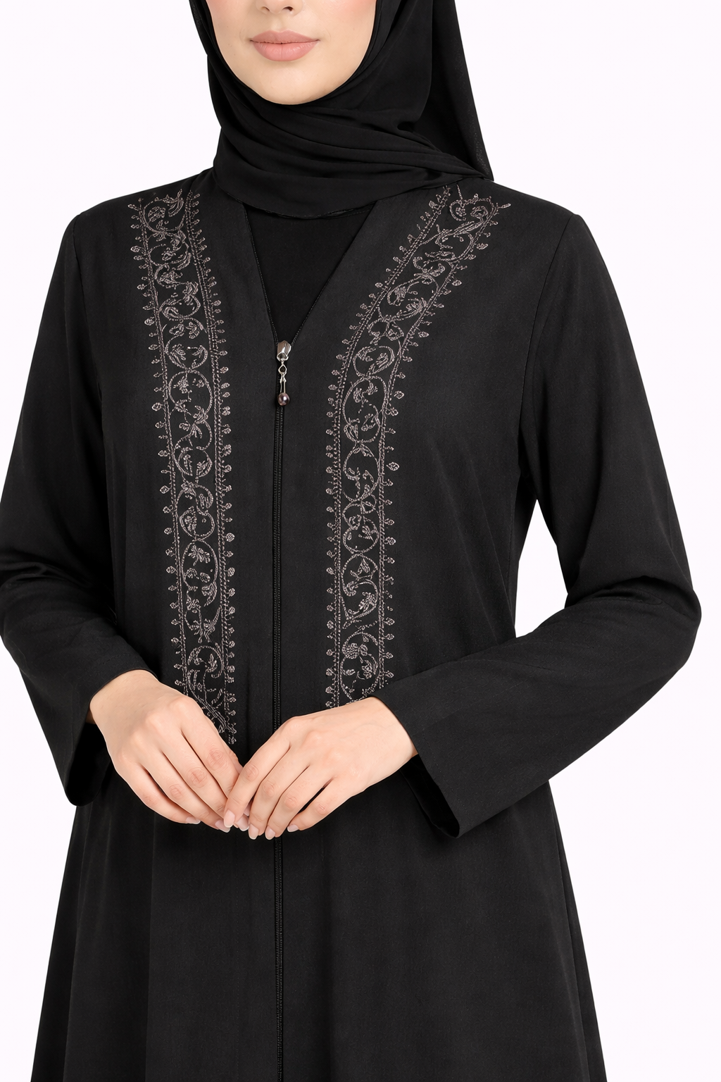 Tap Shoe Front-Zip Abaya with Intricate Vertical Vine Beading