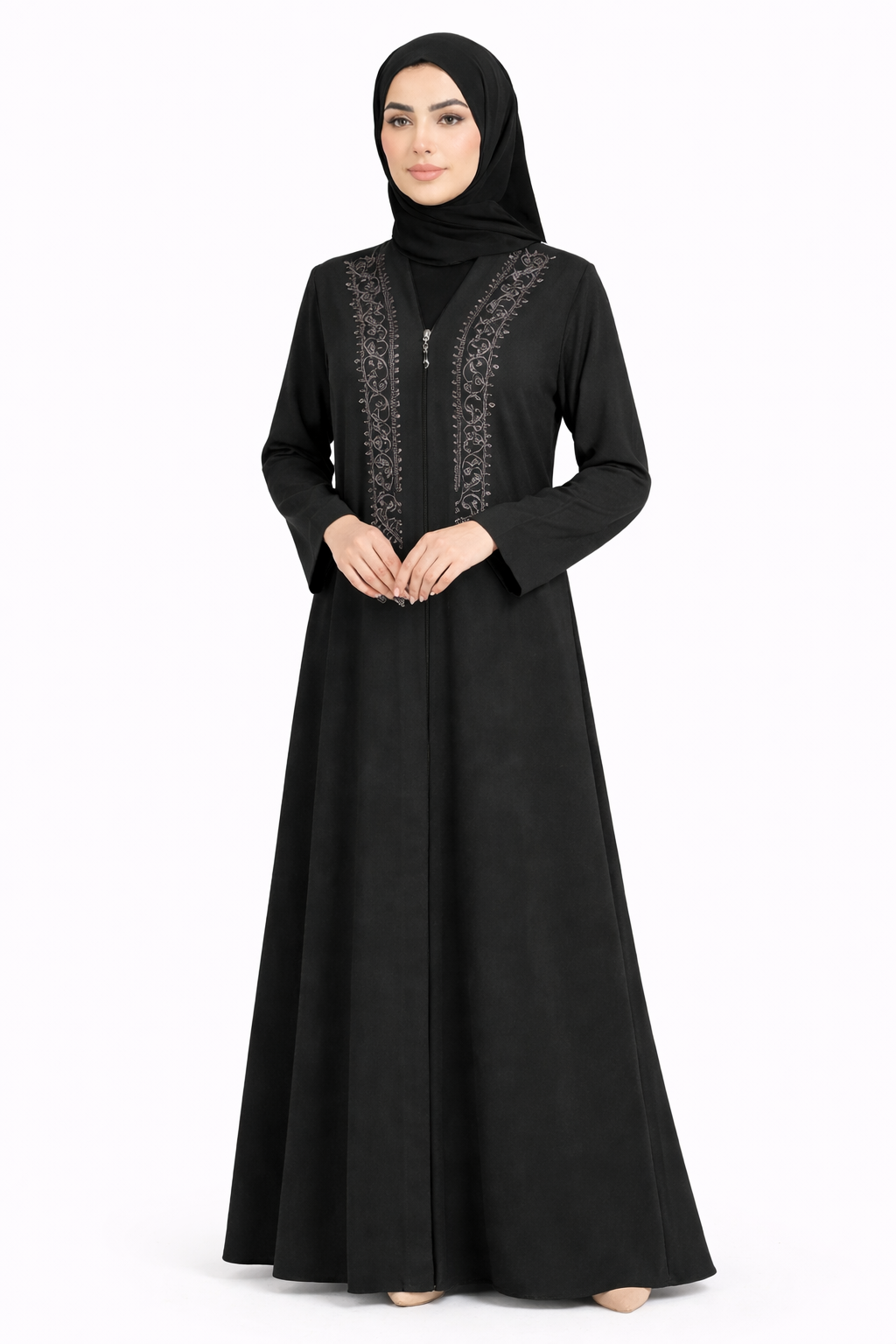Tap Shoe Front-Zip Abaya with Intricate Vertical Vine Beading