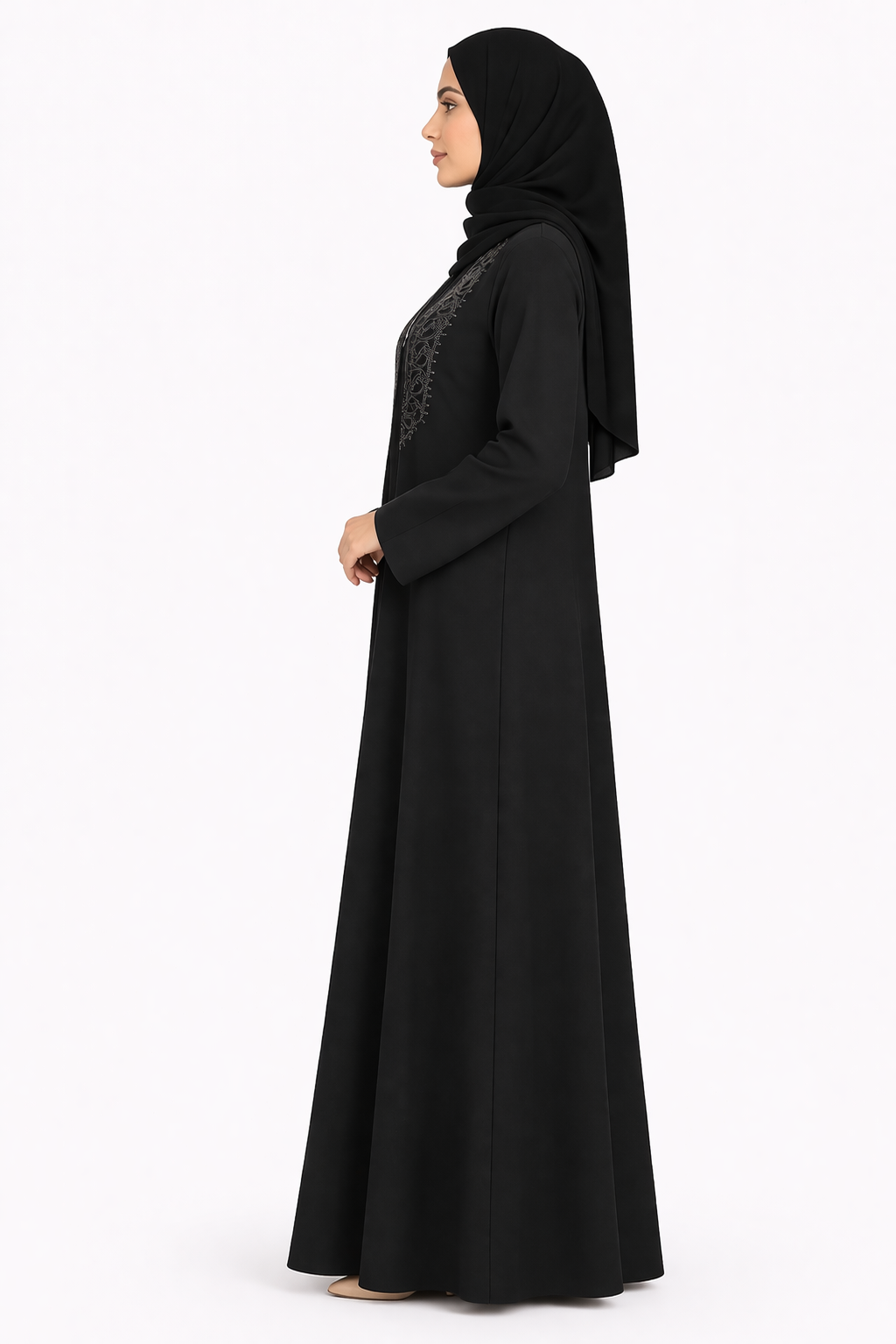 Tap Shoe Front-Zip Abaya with Intricate Vertical Vine Beading