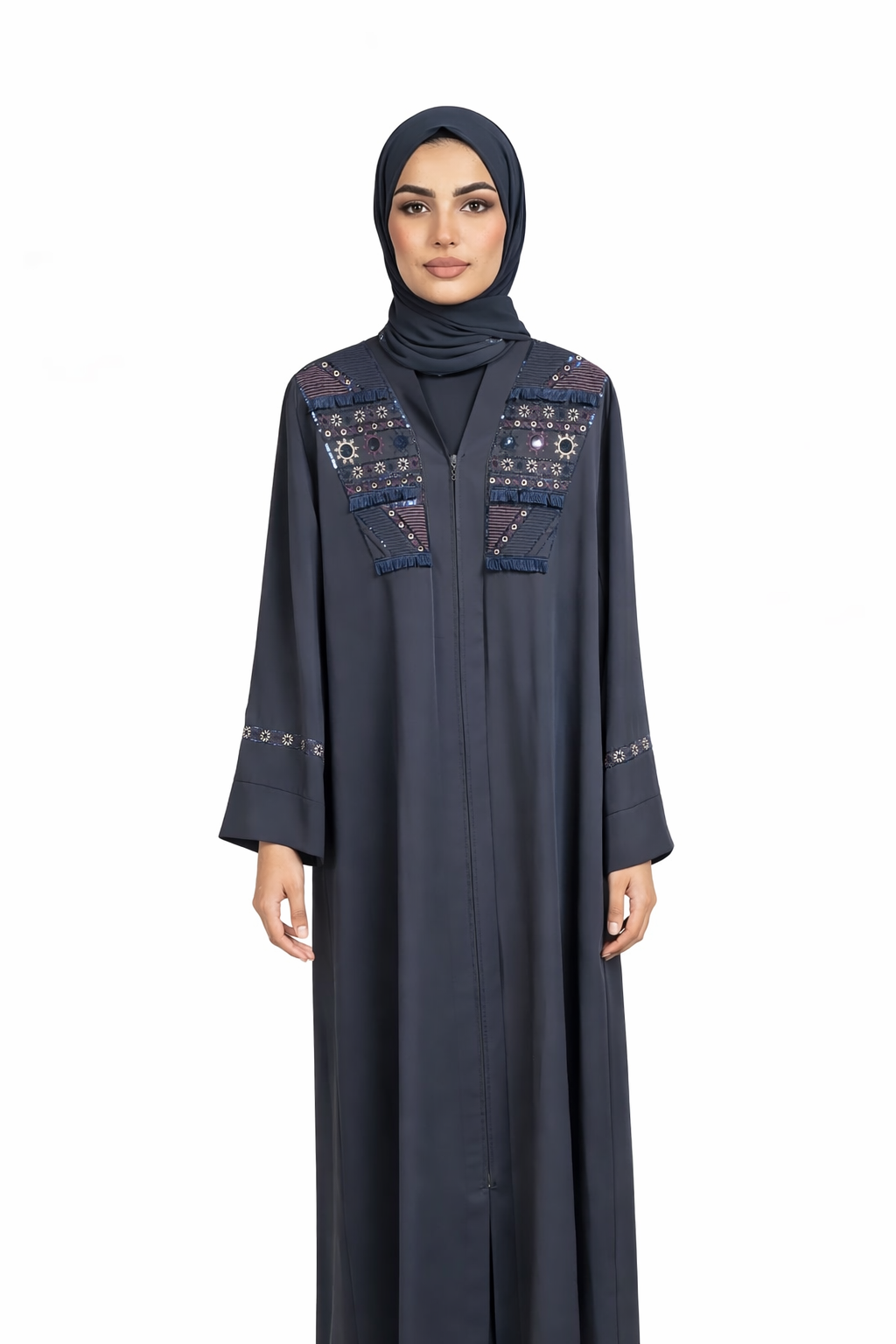 Contemporary Navy Abaya with Artisan Geometric Embellishments