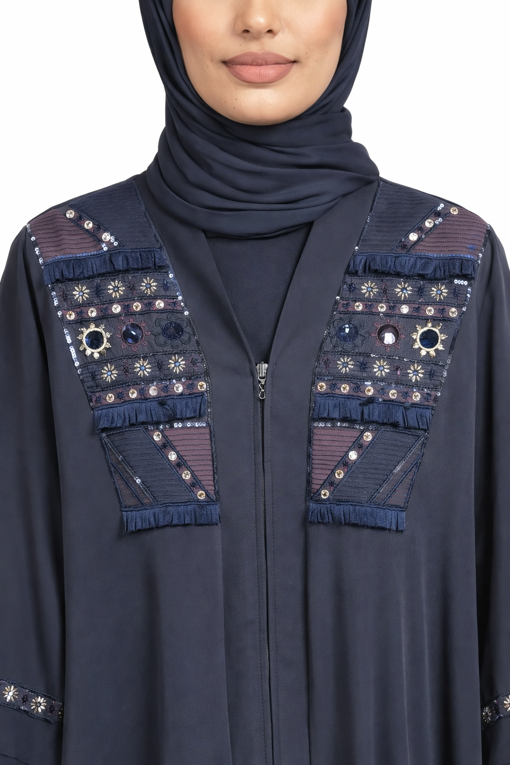 Contemporary Navy Abaya with Artisan Geometric Embellishments