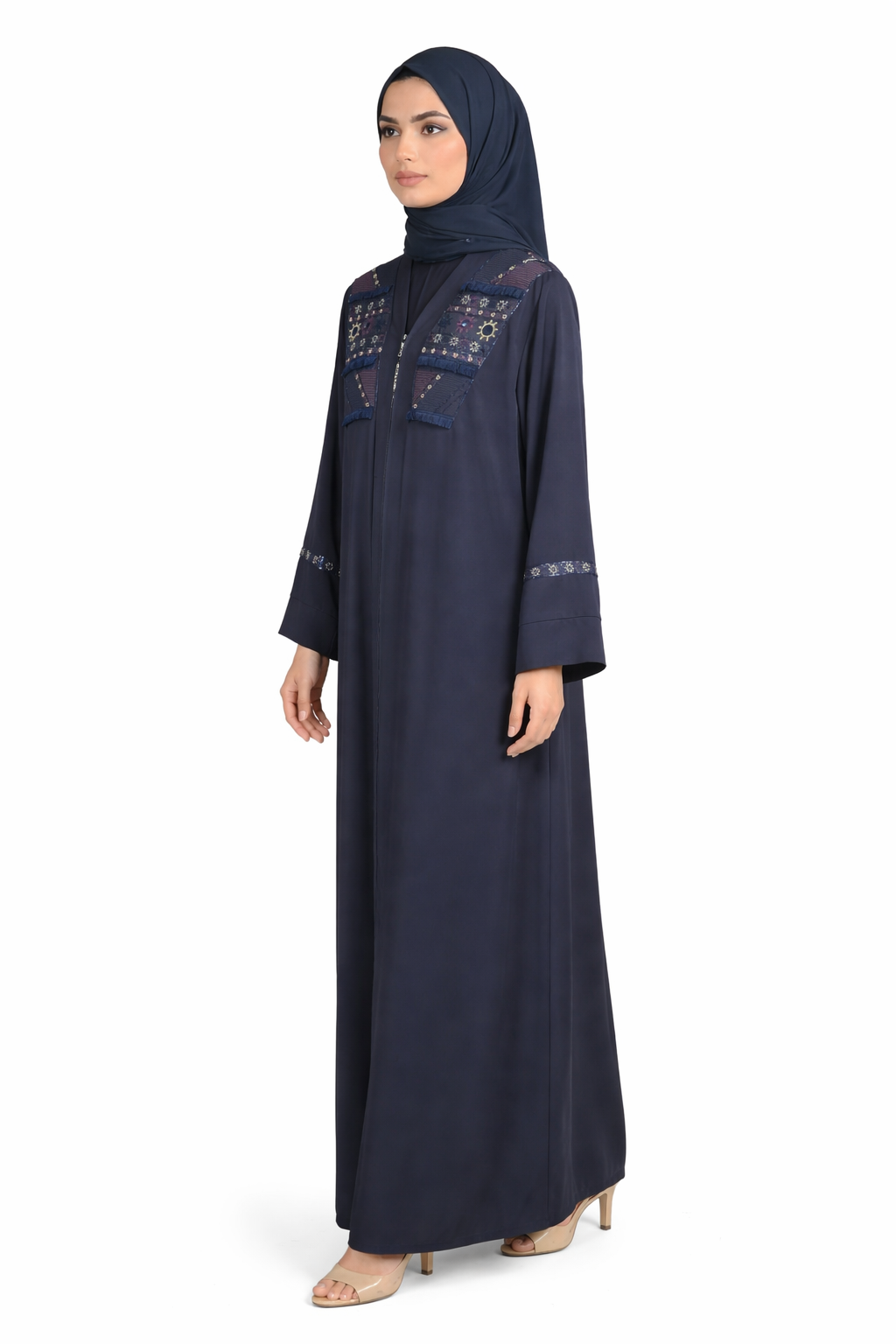 Contemporary Navy Abaya with Artisan Geometric Embellishments