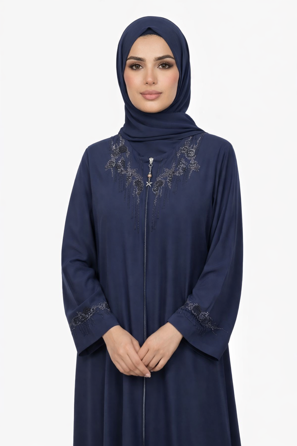 Maritime Blue Embellished Front-Zip Abaya with Beaded Sleeve Detail