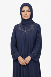Maritime Blue Embellished Front-Zip Abaya with Beaded Sleeve Detail