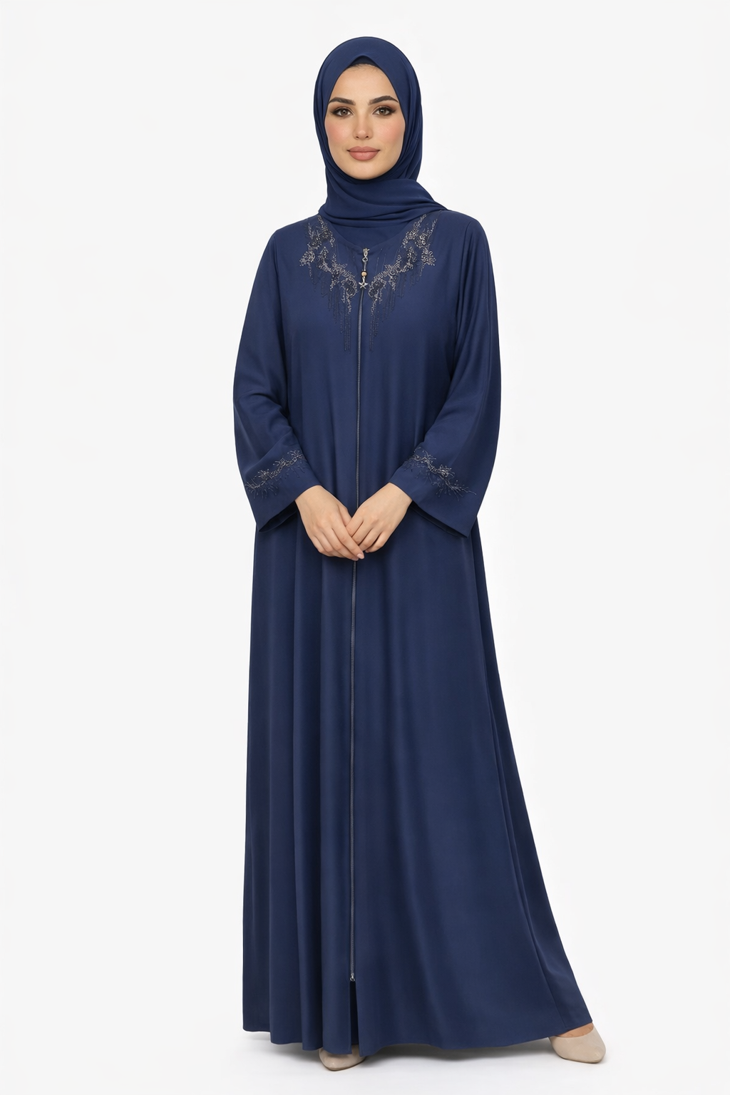 Maritime Blue Embellished Front-Zip Abaya with Beaded Sleeve Detail
