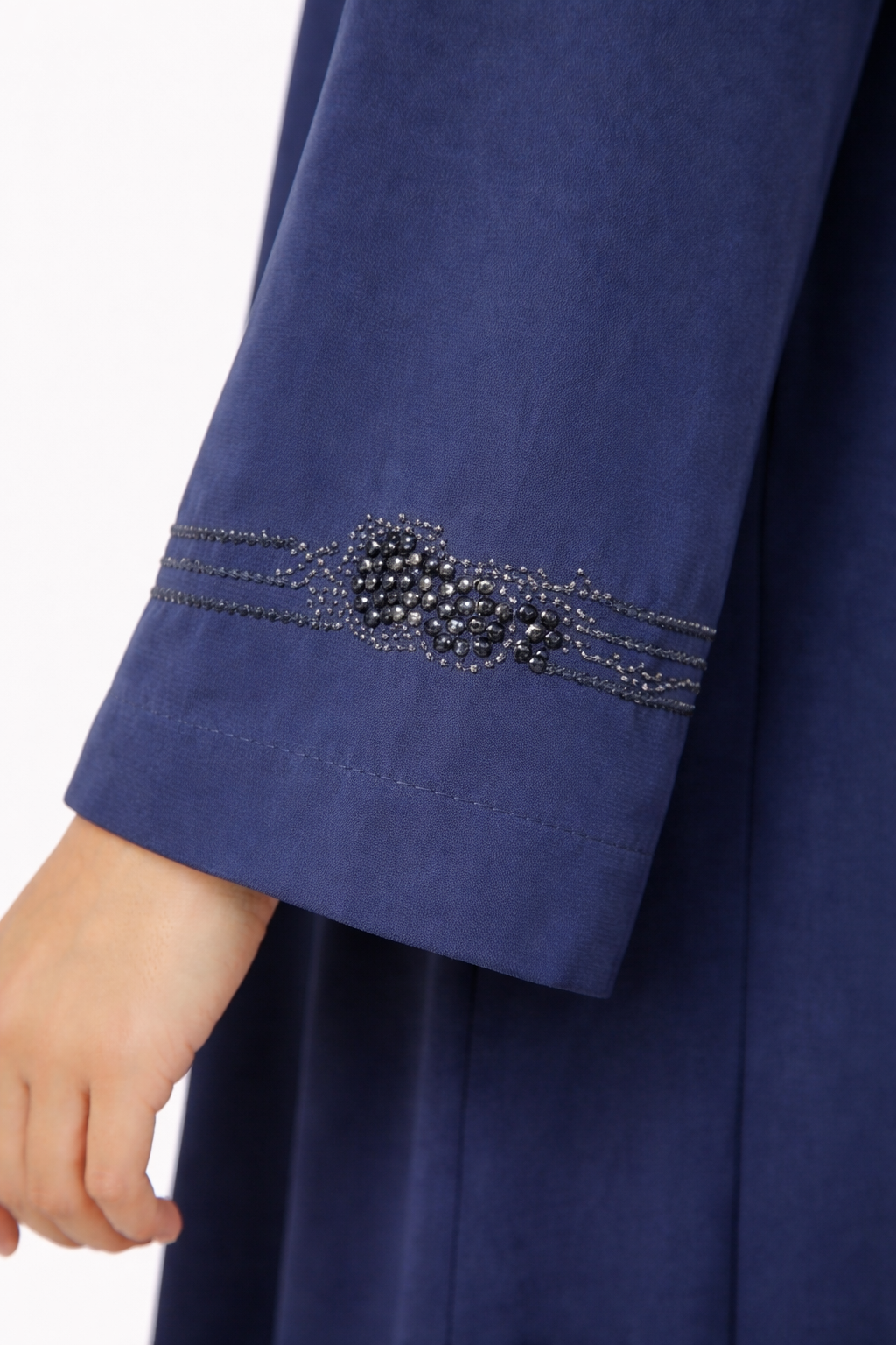 Maritime Blue Embellished Front-Zip Abaya with Beaded Sleeve Detail
