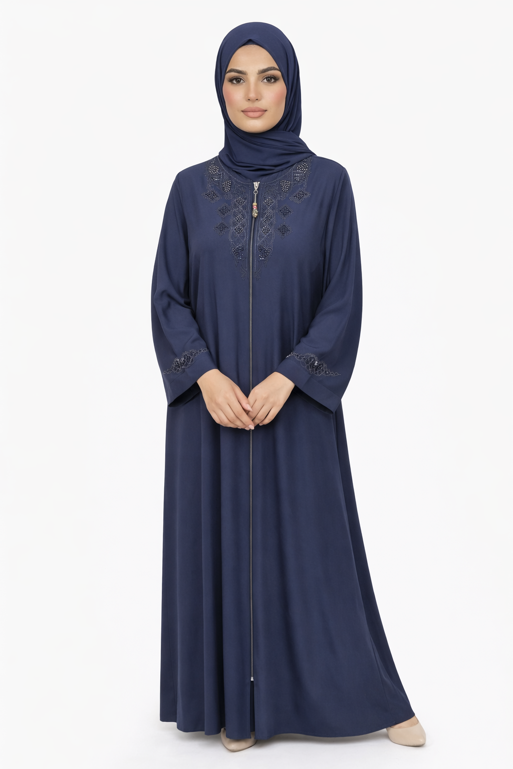 Maritime Blue Premium Front-Zip Abaya with Geometric Beading