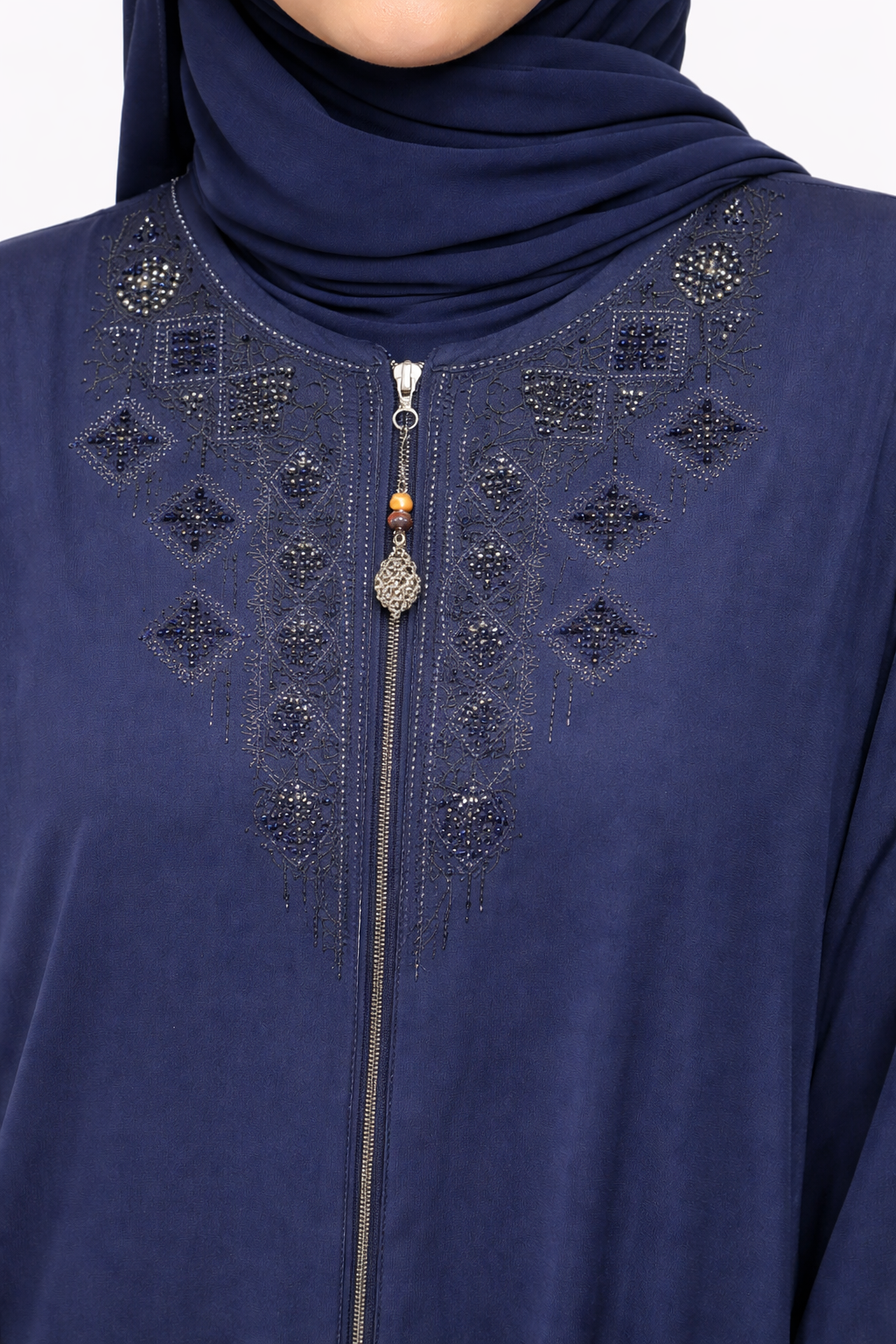 Maritime Blue Premium Front-Zip Abaya with Geometric Beading