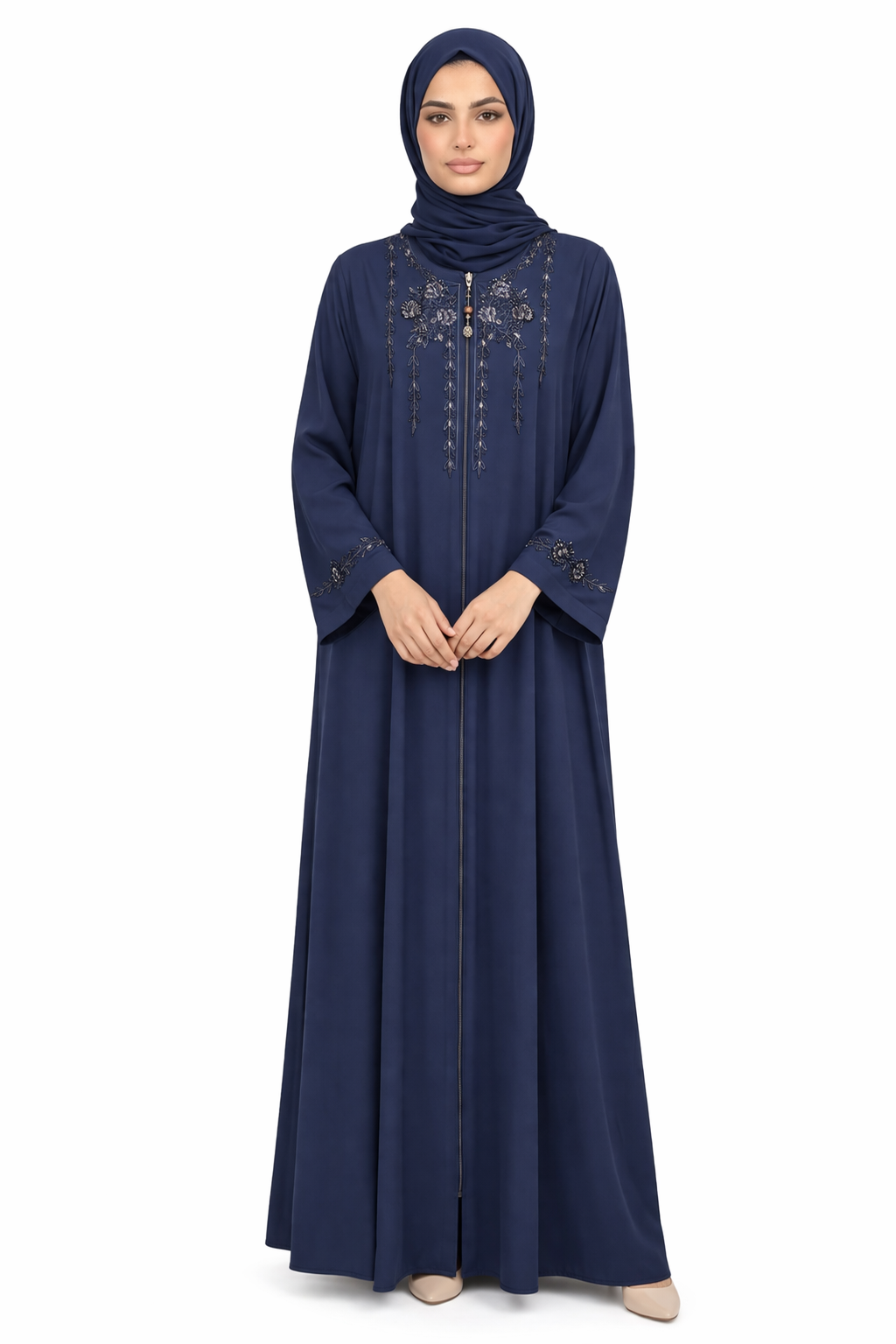 Maritime Blue Embellished Front-Zip Abaya with Floral Detailing