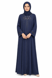 Maritime Blue Embellished Front-Zip Abaya with Floral Detailing