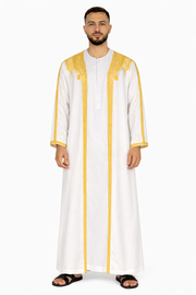 White Alyssum Moroccan Thobe Kaftan with Gold Trim