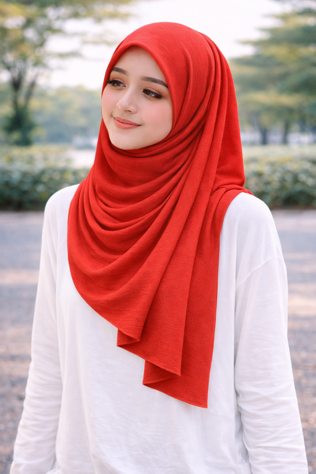 Crimson Soft airflow fabric scarf with a subtle crinkle texture, perfect for daily modest wear.