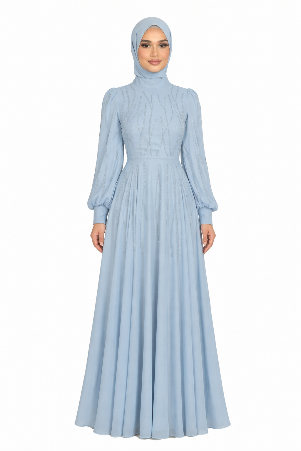 Forever Blue Embellished Stone Pattern Full-Length Dress