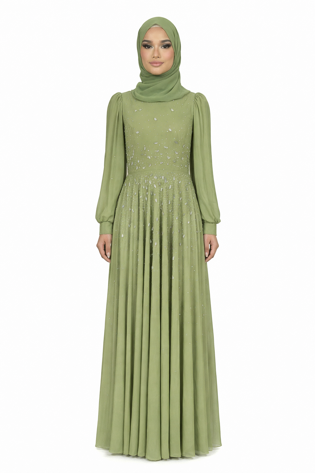 Leaf Green Chiffon Overlay Diamante Maxi Dress with Tie Sleeves