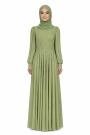 Leaf Green Chiffon Overlay Diamante Maxi Dress with Tie Sleeves