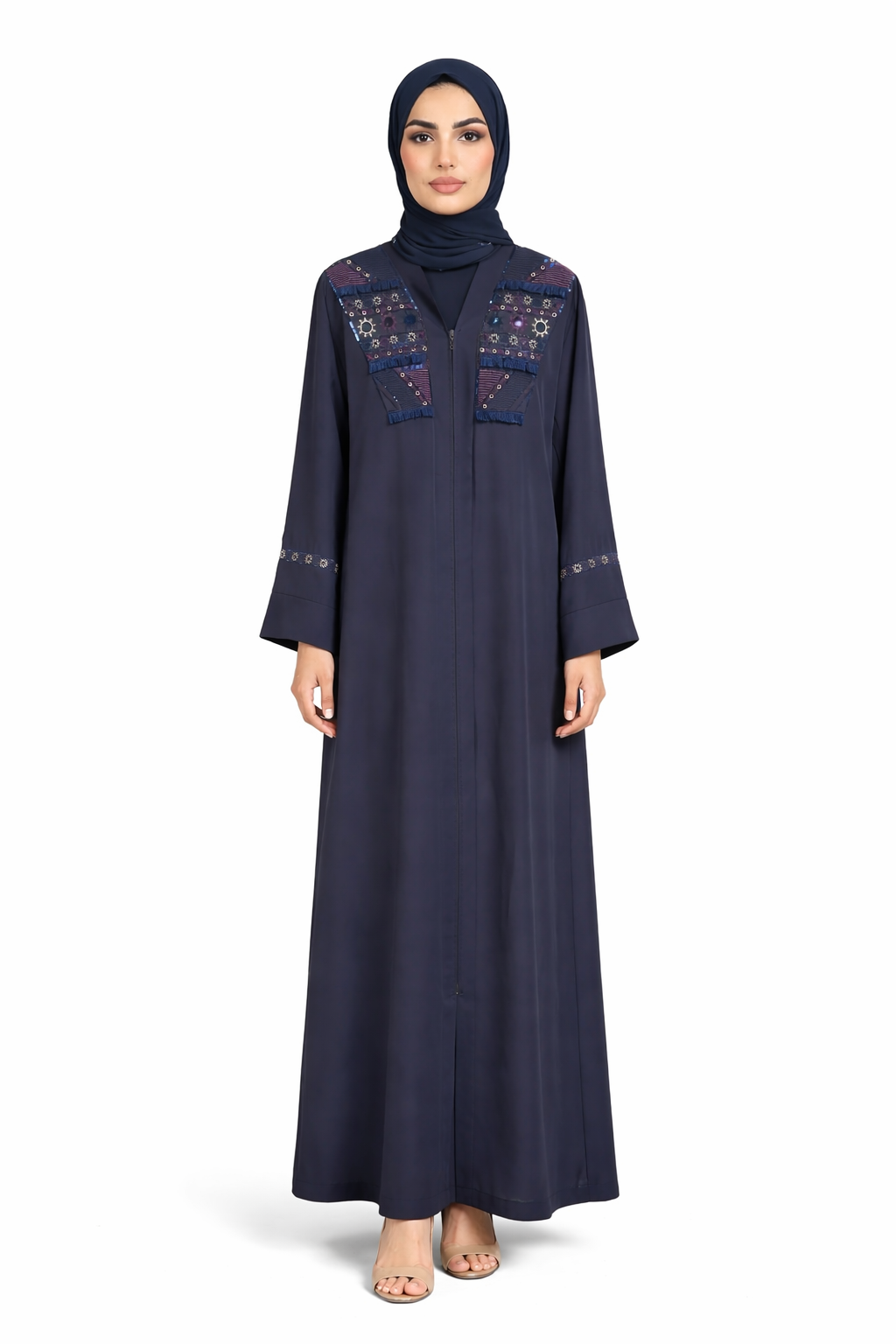Contemporary Navy Abaya with Artisan Geometric Embellishments