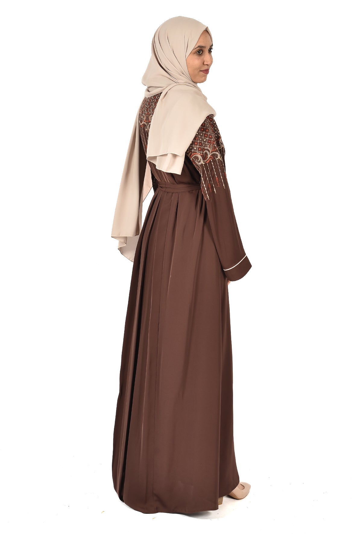 free size _Elegant Brown Embroidered Abaya with Waist Belt   _ katalia