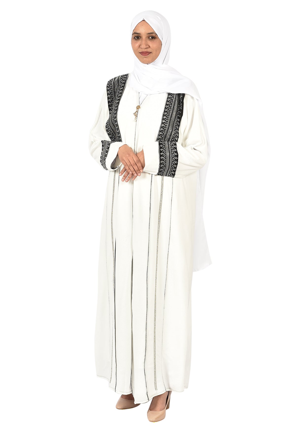 Elegant White Abaya with Black Embroidery - ladies abaya