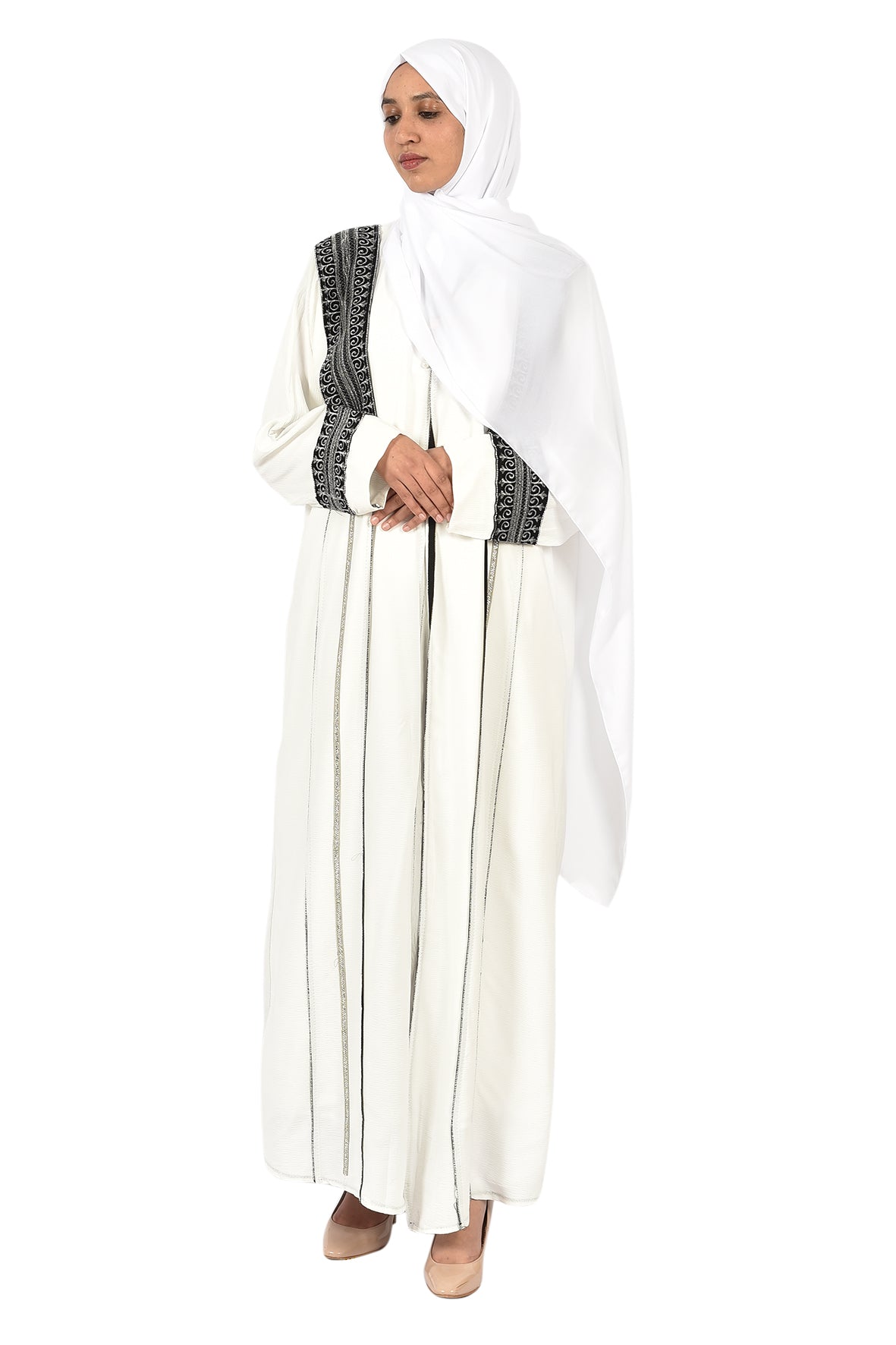 Elegant White Abaya with Black Embroidery - ladies abaya