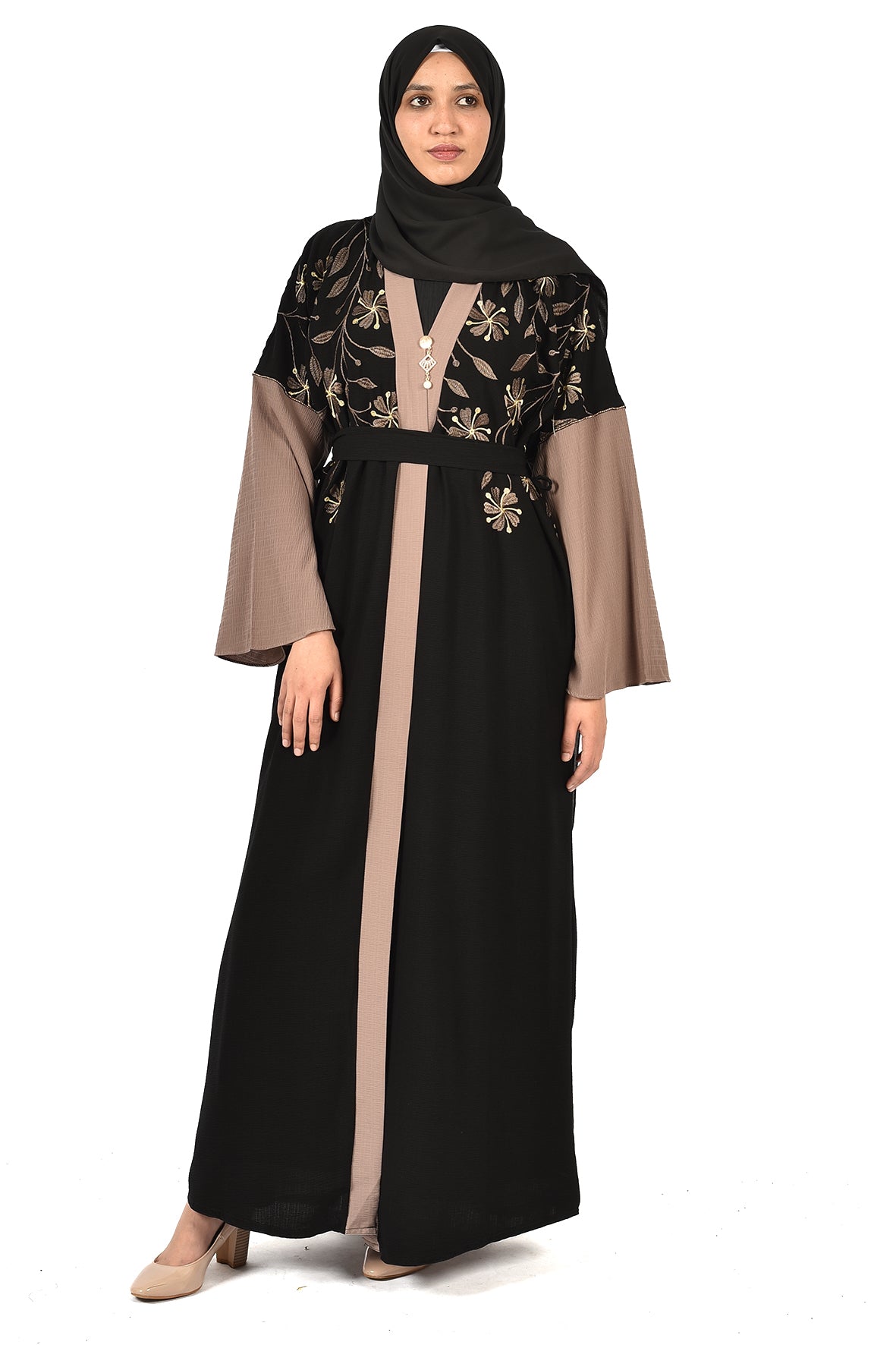 Black Embroidered Abaya with Beige Details and Elegant Brooch -ladies abaya