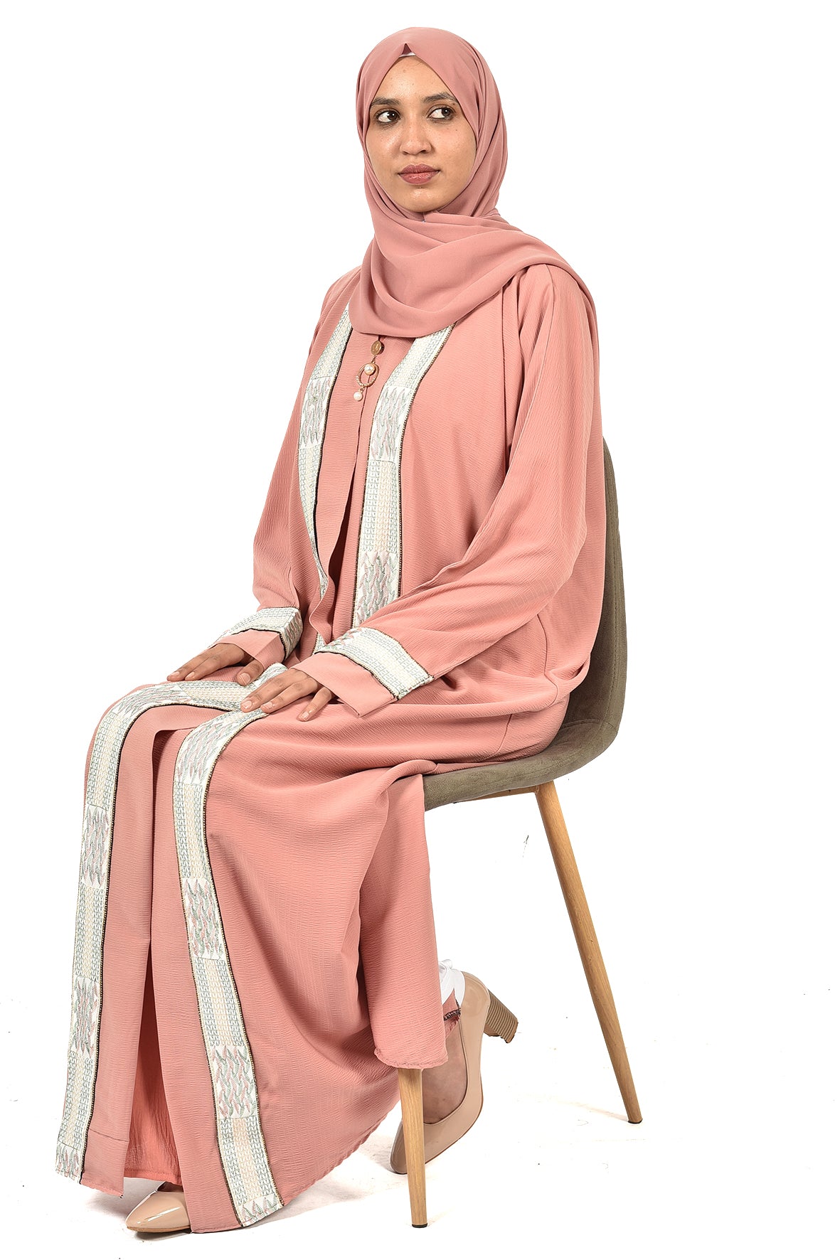 Light Pink Abaya with Soft Embroidered Trim  _ladies abaya