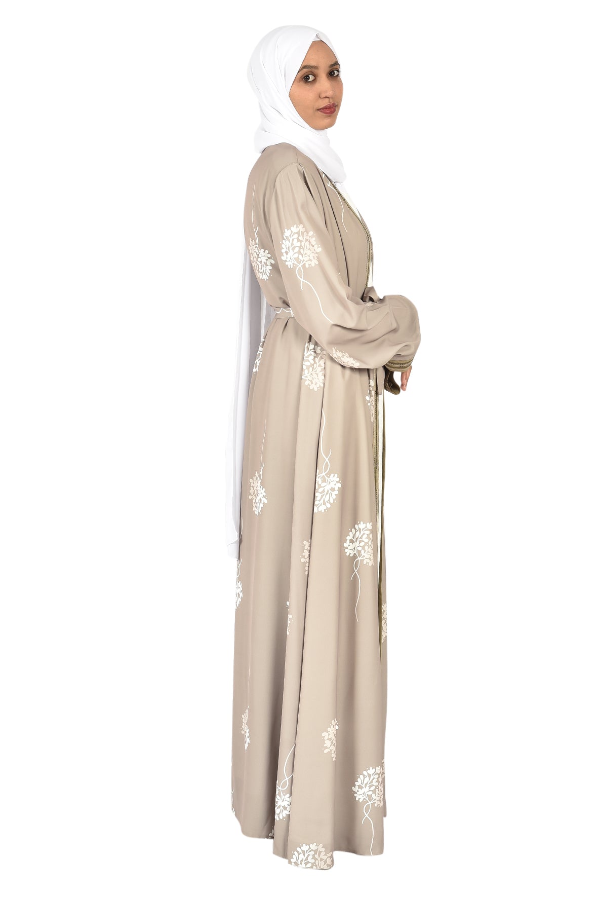 Beige Abaya with White Floral Embroidery and Golden Trim   _katalia