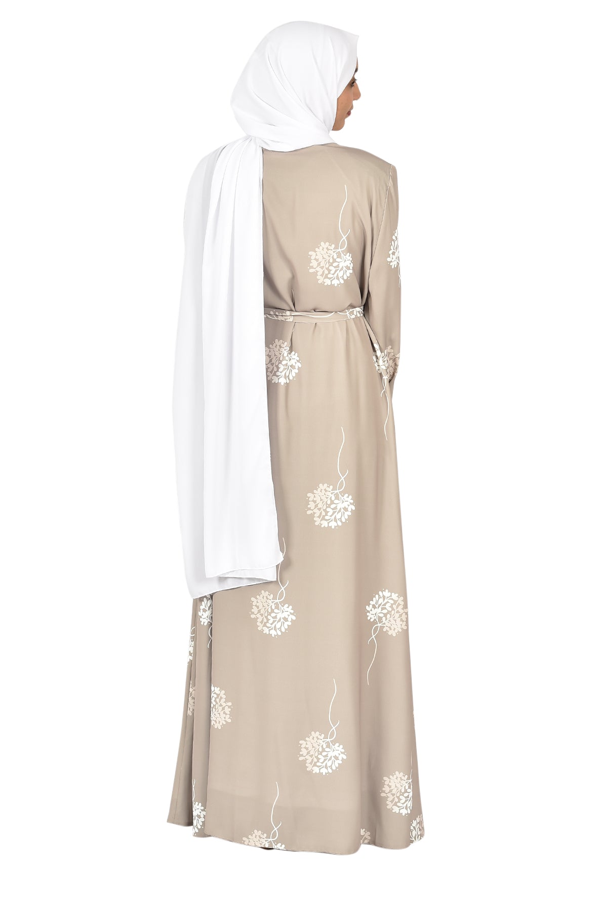 Beige Abaya with White Floral Embroidery and Golden Trim   _katalia