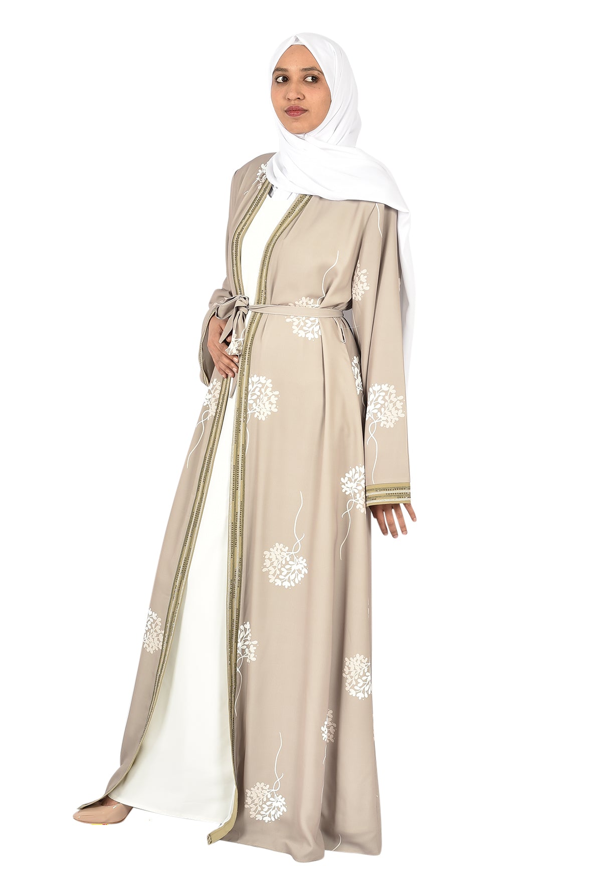 Beige Abaya with White Floral Embroidery and Golden Trim   _katalia