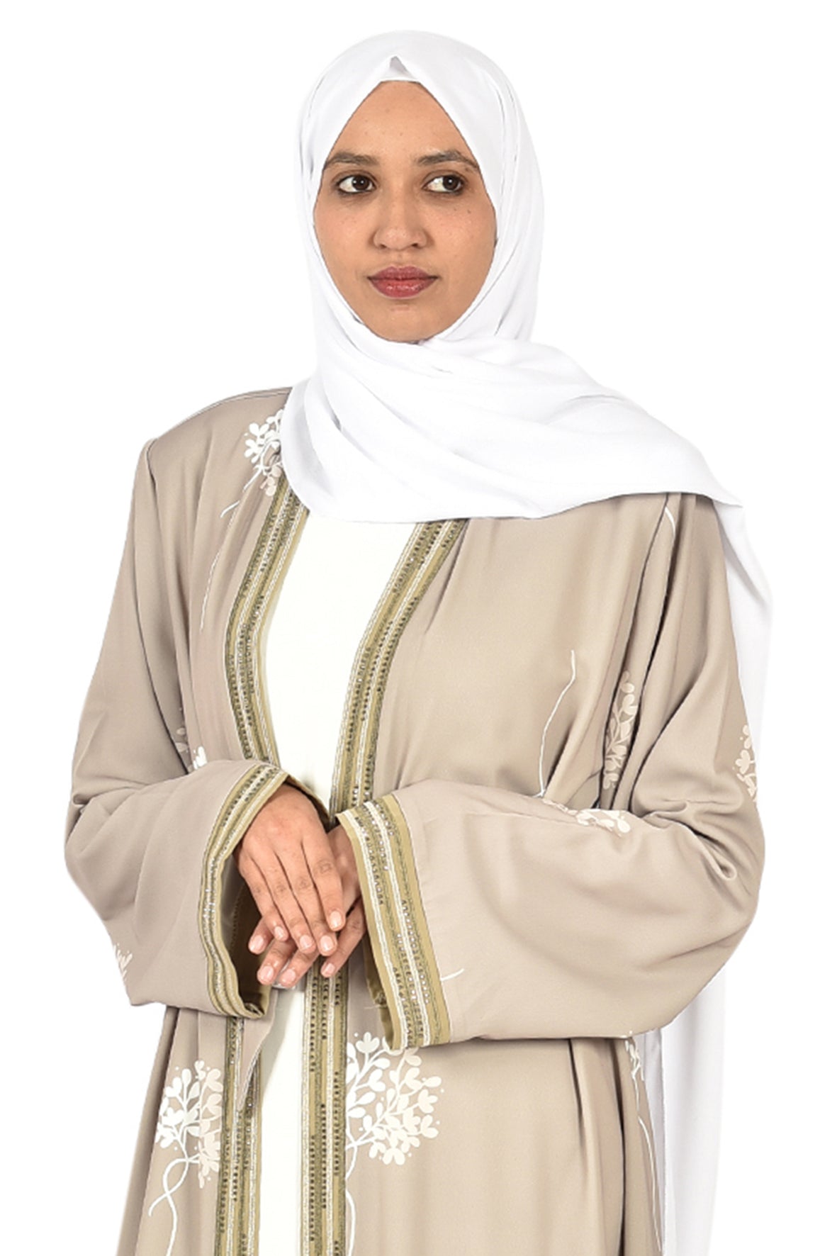Beige Abaya with White Floral Embroidery and Golden Trim   _katalia