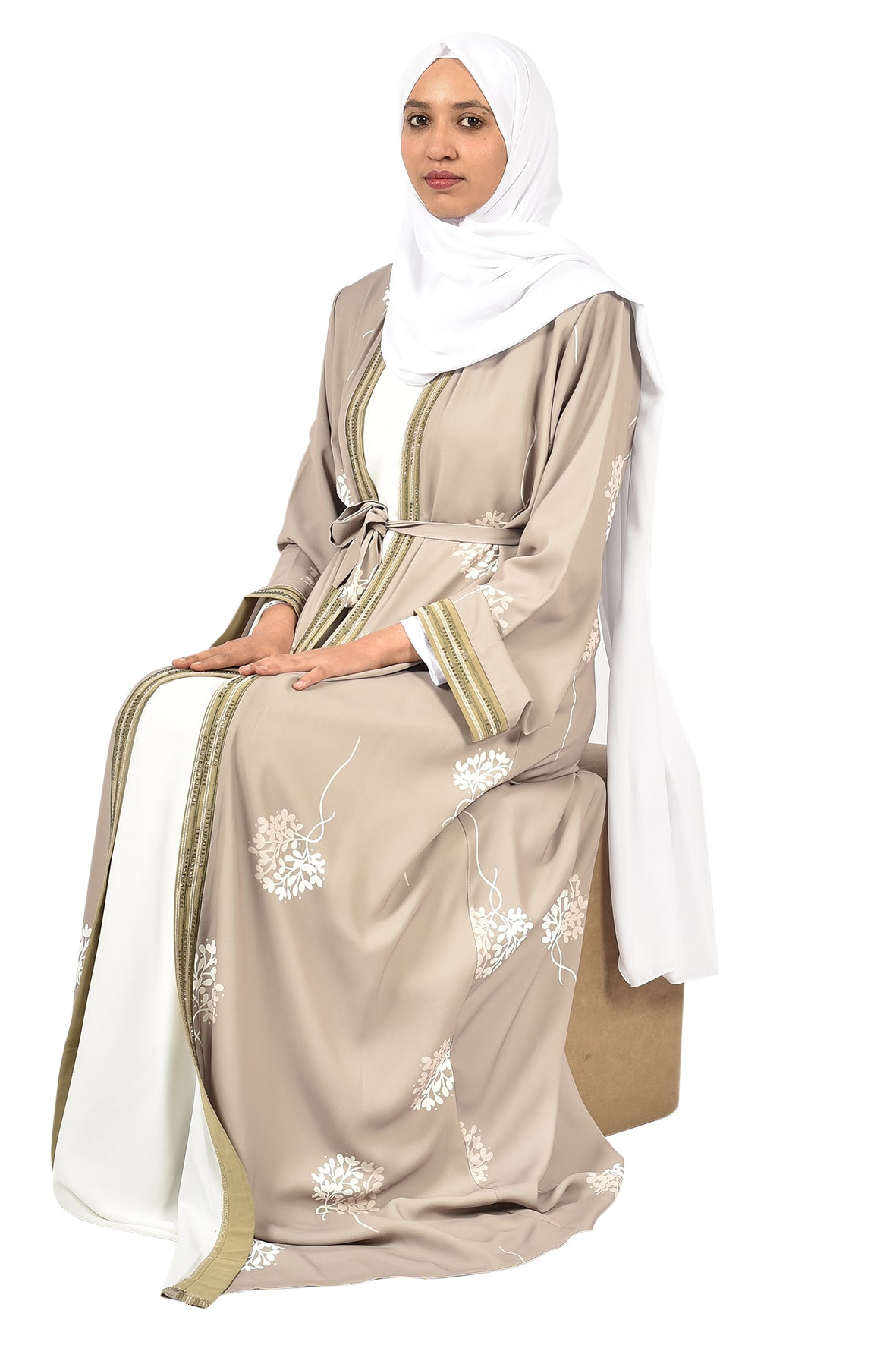 Beige Abaya with White Floral Embroidery and Golden Trim   _katalia